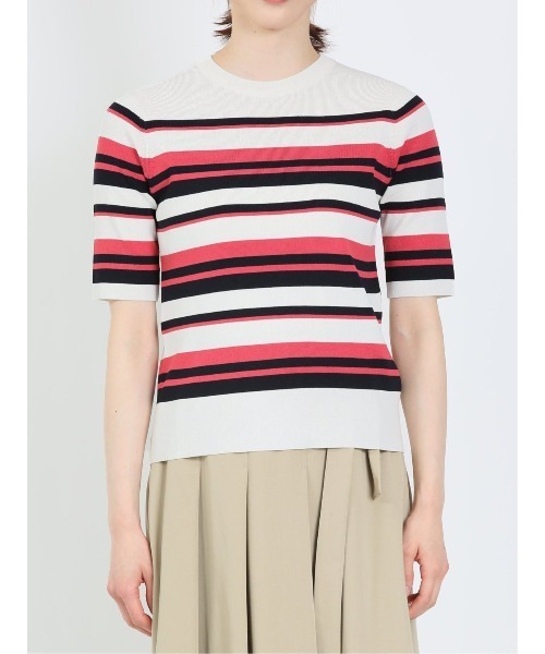 m.f.editorial（エムエフエディトリアル）の「m.f.エディトリアル レディース ボーダー クルーネック 5分袖ニットプルオーバー（ニット/セーター・レディース・グリーン系その他/ピンク系その他・LARGE/MEDIUM）」の5枚目の写真