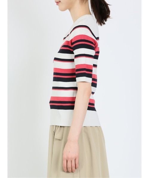 m.f.editorial（エムエフエディトリアル）の「m.f.エディトリアル レディース ボーダー クルーネック 5分袖ニットプルオーバー（ニット/セーター・レディース・グリーン系その他/ピンク系その他・LARGE/MEDIUM）」の6枚目の写真