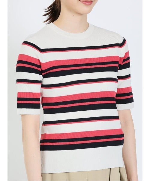 m.f.editorial（エムエフエディトリアル）の「m.f.エディトリアル レディース ボーダー クルーネック 5分袖ニットプルオーバー（ニット/セーター・レディース・グリーン系その他/ピンク系その他・LARGE/MEDIUM）」の8枚目の写真