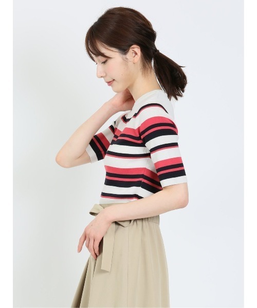 m.f.editorial（エムエフエディトリアル）の「m.f.エディトリアル レディース ボーダー クルーネック 5分袖ニットプルオーバー（ニット/セーター・レディース・グリーン系その他/ピンク系その他・LARGE/MEDIUM）」の10枚目の写真