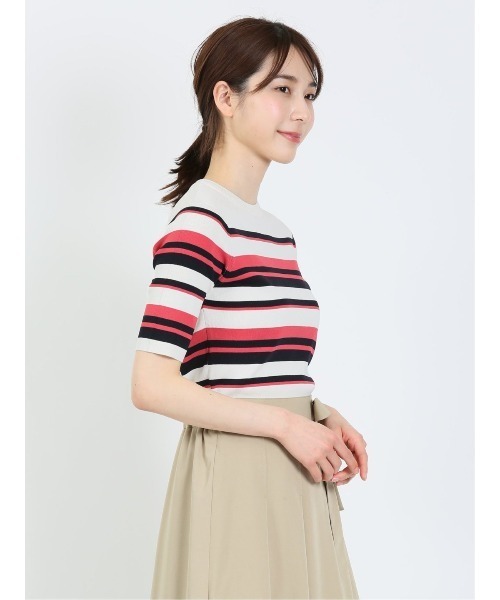 m.f.editorial（エムエフエディトリアル）の「m.f.エディトリアル レディース ボーダー クルーネック 5分袖ニットプルオーバー（ニット/セーター・レディース・グリーン系その他/ピンク系その他・LARGE/MEDIUM）」の12枚目の写真