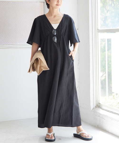 リネンコットンVネックワンピース
