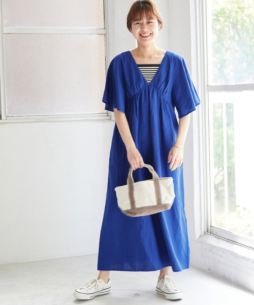 リネンコットンVネックワンピース