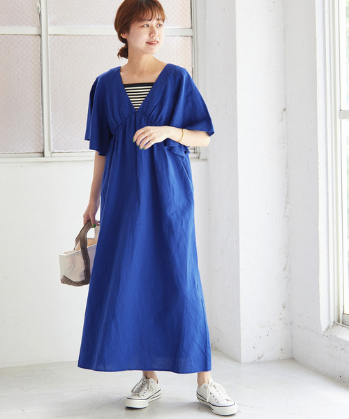 リネンコットンVネックワンピース