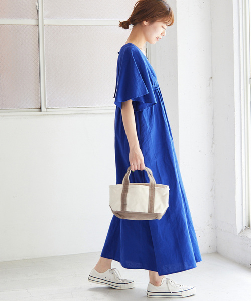 リネンコットンVネックワンピース