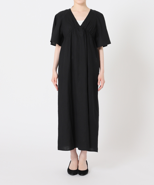 リネンコットンVネックワンピース