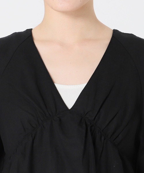 リネンコットンVネックワンピース