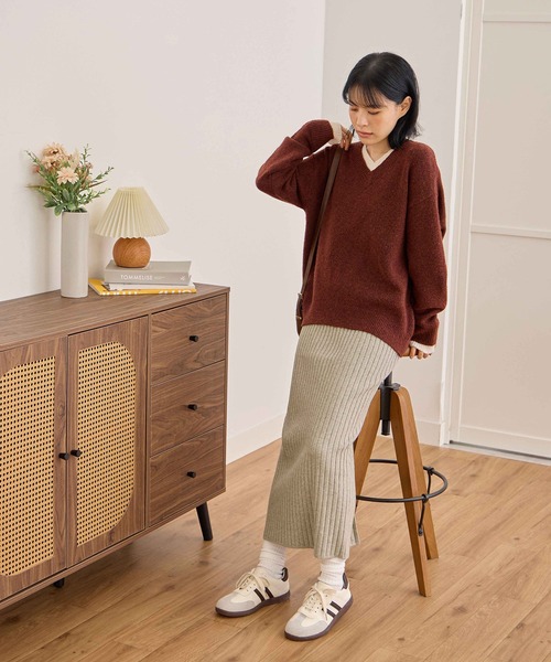 CHAN ME(チャンミ)の「ワイドリブニットスカート【ロング丈】(スカート・レディース・アイボリー/ブラック/ブルー/オレンジ/チャコール/ベージュ/チャコールグレー・X-LARGE/LARGE/MEDIUM)」の14枚目の写真