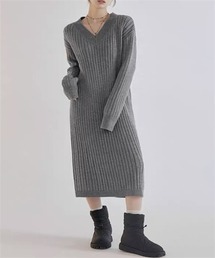 Vネックリブニットタイトワンピース
