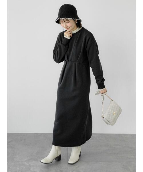 Te chichi TERRASSE（テチチテラス）の「裏起毛タックワンピース（ワンピース・レディース・ブラック/ブルー/オフホワイト・F）」の2枚目の写真