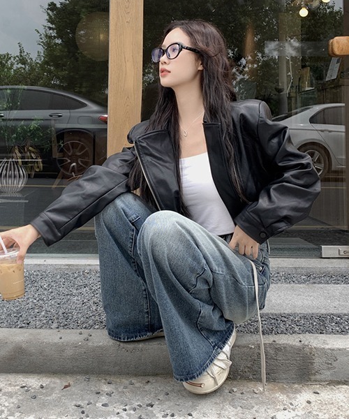 gossip！ロサンゼルス（ゴシップロサンゼルス）の「合成皮革クロップドライダースジャケット（ライダースジャケット・レディース・ブラック/ブラウン・L/M/S/XL）」の7枚目の写真