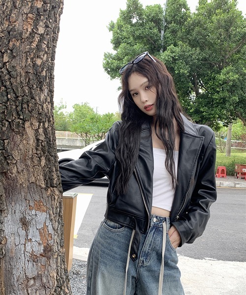 セール】合成皮革クロップドライダースジャケット（ライダース