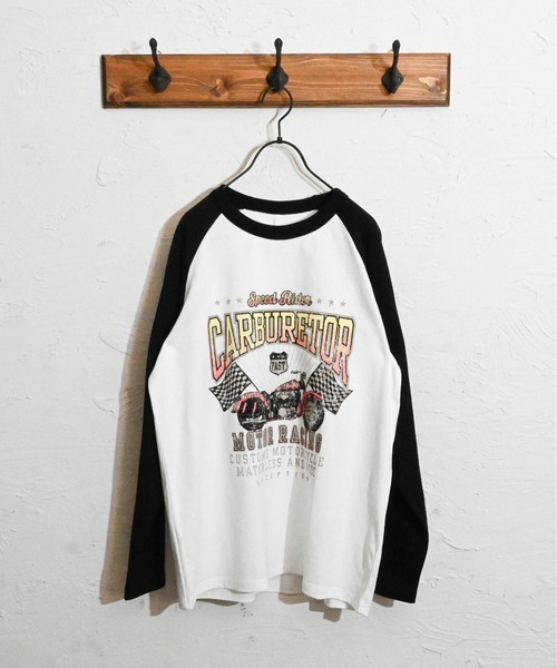 Anytime Songs(エニータイムソングス)の「16/天竺ラグラン 切り替えプリント Tシャツ(CARBURETOR)(Tシャツ/カットソー・メンズ・ベージュ/ホワイト/アッシュ・LARGE/X-LARGE/MEDIUM)」の5枚目の写真