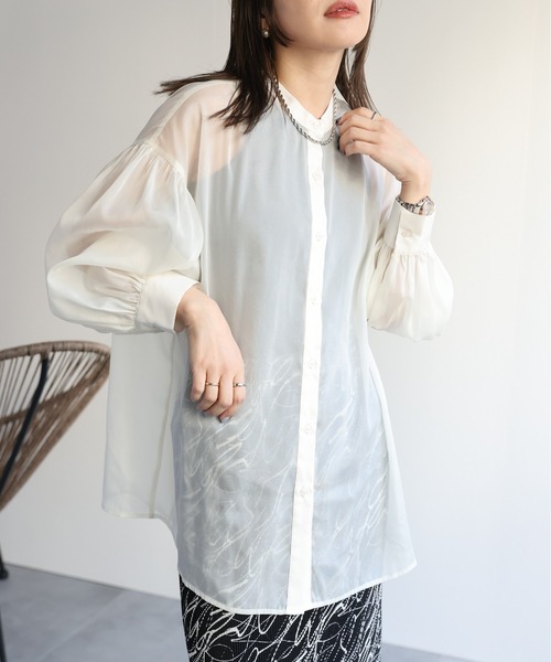 ap retro(アプレトロ)の「バンドカラーシアーシャツブラウス(シャツ/ブラウス・レディース・ブラック/オフホワイト/グリーン/モカ・FREE)」の5枚目の写真