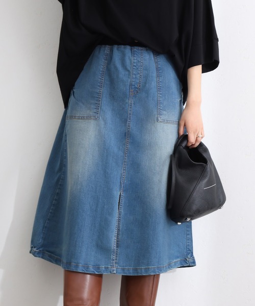 ElegChic(エレグシック)の「ウエストリブベイカーデニム スカート (デニムスカート・レディース・ネイビー/ブルー/ネイビー系・3L/4L/M/L/XL)」の4枚目の写真