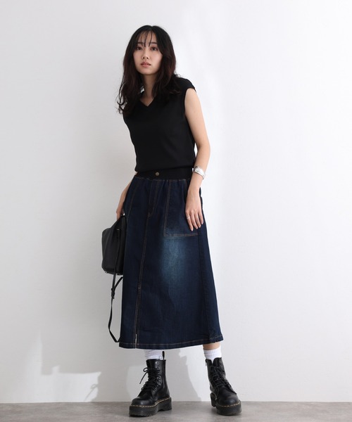 ElegChic(エレグシック)の「ウエストリブベイカーデニム スカート (デニムスカート・レディース・ネイビー/ブルー/ネイビー系・3L/4L/M/L/XL)」の9枚目の写真