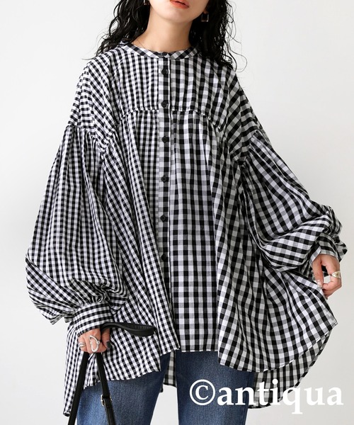 antiqua(アンティカ)の「チェック柄ボリュームシャツ(シャツ/ブラウス・レディース・ブラック・ONESIZE)」の1枚目の写真