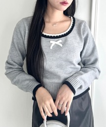 バイカラープチリボンニットトップス