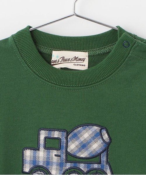 Love&Peace&Money（ラブアンドピースアンドマネー）の「【人気商品再入荷】【直営店で取り扱い無し】働く車アップリケトレーナー（スウェット・キッズ・モカ/グリーン・80ｃｍ/90cm/100cm/110cm/120cm/130cm）」の4枚目の写真