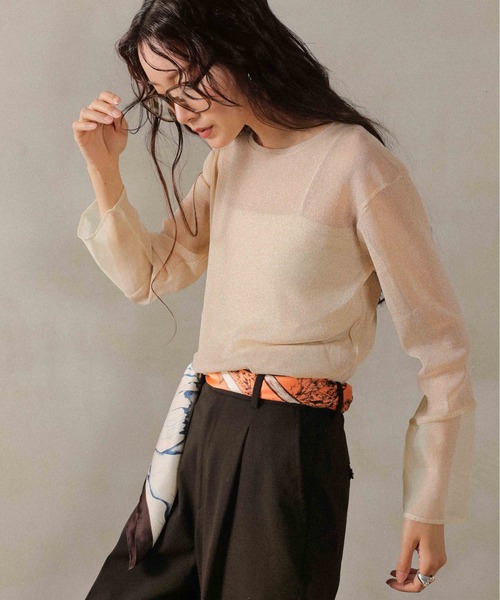 en CAnAF（エンカナフ）の「袖シアーラメ ベーシックカットソー トップス（Tシャツ/カットソー・レディース・チャコールグレー/ブラック/ベージュ・フリー）」の6枚目の写真