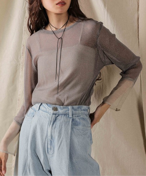 en CAnAF（エンカナフ）の「袖シアーラメ ベーシックカットソー トップス（Tシャツ/カットソー・レディース・チャコールグレー/ブラック/ベージュ・フリー）」の10枚目の写真