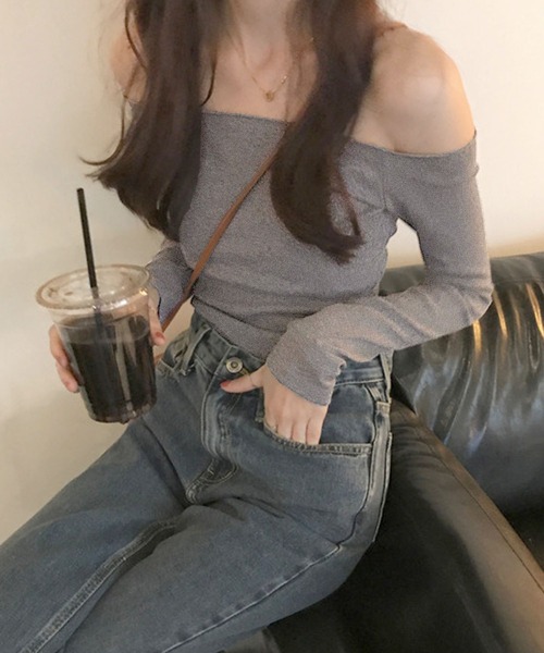 セール】オフショルダー長袖リブ編みトップス（Tシャツ/カットソー 