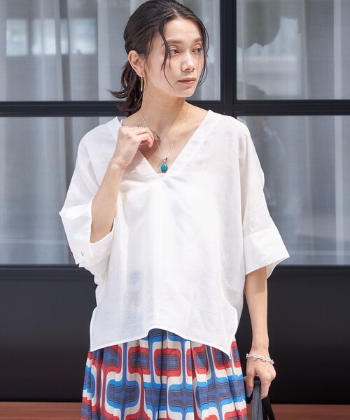 ホワイト ネイビー半袖ブラウス(手洗いOK)　SHIPS 手洗い可能〉パイピング キーネック 半袖 ブラウス（シャツ