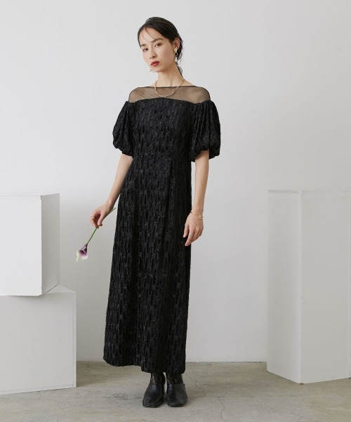 Callarus ワンピース ジャガード サテン パイピング ボリュームスリーブ セール】【結婚式・パーティー・オケージョンドレス】ボリューム