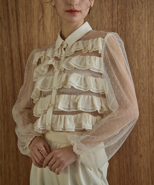 ブラウス シャツ Dot tulle border frills blouse ドットチュールボーダーフリルブラウス レディース Dot tulle border frills blouse ドットチュールボーダーフリル