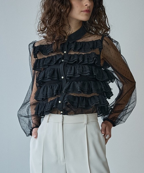 ブラウス シャツ Dot tulle border frills blouse ドットチュールボーダーフリルブラウス レディース Dot tulle border frills blouse ドットチュールボーダーフリル