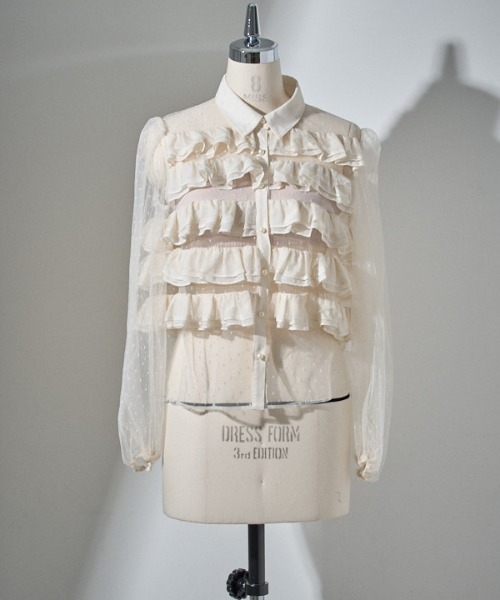Dot tulle border frills blouse ドットチュールボーダーフリル