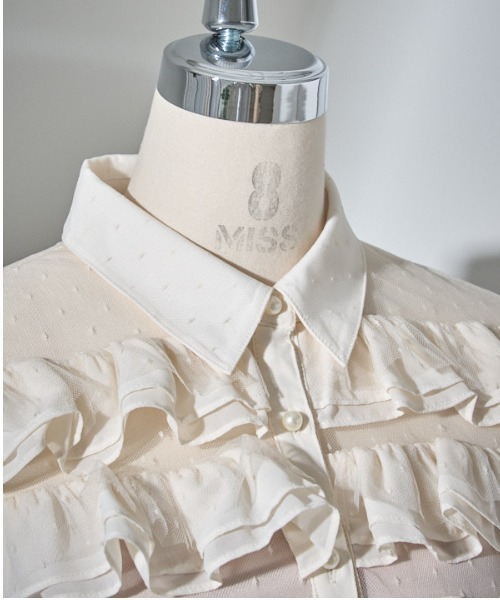 Dot tulle border frills blouse ドットチュールボーダーフリル