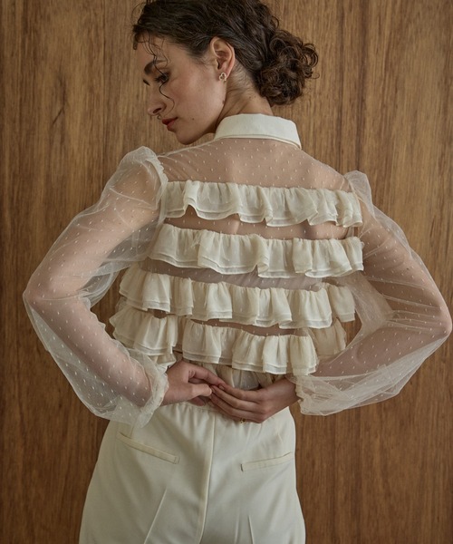 Dot tulle border frills blouse ドットチュールボーダーフリル