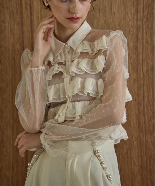 ERADIE(エラディエ)の「Dot tulle border frills blouse ドットチュールボーダーフリルブラウス(シャツ/ブラウス・レディース・アイボリー/ブラック・FREE)」の4枚目の写真