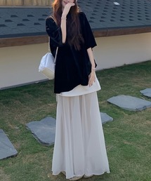 大人クール抜け感!ベロアオーバー T シャツ+シアーレイヤードロングスカート 2 点セット