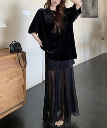 大人クール抜け感!ベロアオーバー T シャツ+シアーレイヤードロングスカート 2 点セット