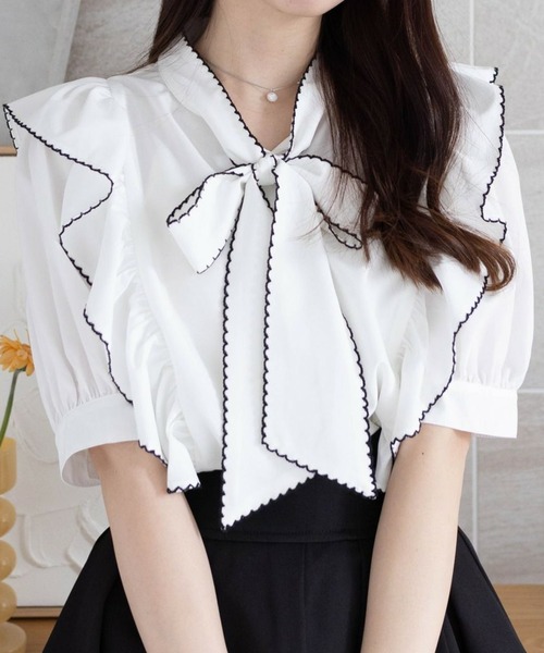 clear（クリア）の「ピコレース五分袖ボウタイブラウス[オフィスカジュアル リボン]≪SS新作≫（シャツ/ブラウス・レディース・オフホワイト/ブラック・F）」の2枚目の写真