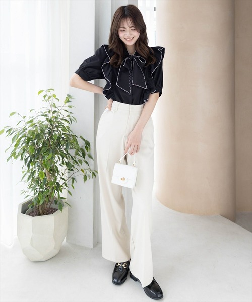 clear（クリア）の「ピコレース五分袖ボウタイブラウス[オフィスカジュアル リボン]≪SS新作≫（シャツ/ブラウス・レディース・オフホワイト/ブラック・F）」の3枚目の写真