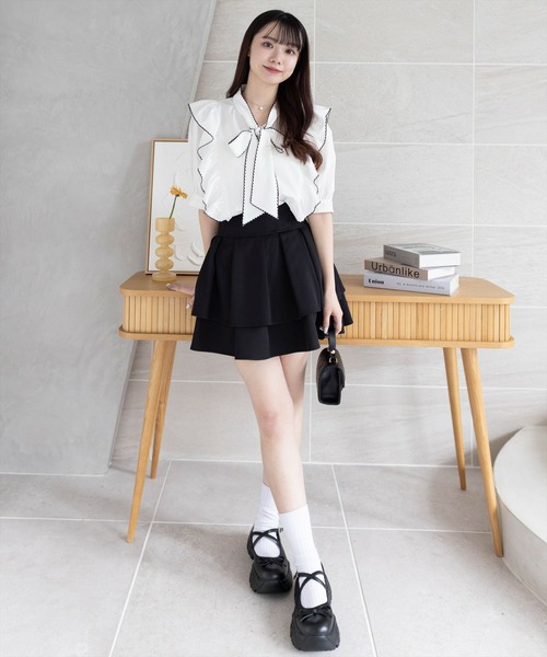 clear（クリア）の「ピコレース五分袖ボウタイブラウス[オフィスカジュアル リボン]≪SS新作≫（シャツ/ブラウス・レディース・オフホワイト/ブラック・F）」の5枚目の写真