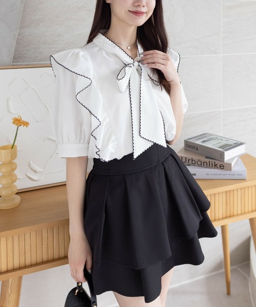 clear（クリア）の「ピコレース五分袖ボウタイブラウス[オフィスカジュアル リボン]≪SS新作≫（シャツ/ブラウス・レディース・オフホワイト/ブラック・F）」の4枚目の写真