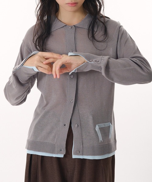 MUHET（ミュエータ）の「layered like sheer knit shirt cardigan / レイヤード風シアーニットシャツカーディガン（カーディガン/ボレロ・レディース・グレー/ブラウン/レッド/ネイビー・FREE）」の3枚目の写真