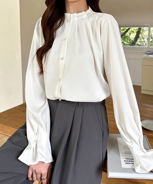 セール】【3色展開】 パールボタン スタンドネックブラウス フレア