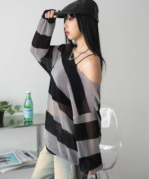 WEGO（ウィゴー）の「WEGO/オフショルメッシュニット（ニット/セーター・レディース・ブラック系その他5/グレー系その他5・FREE）」の3枚目の写真