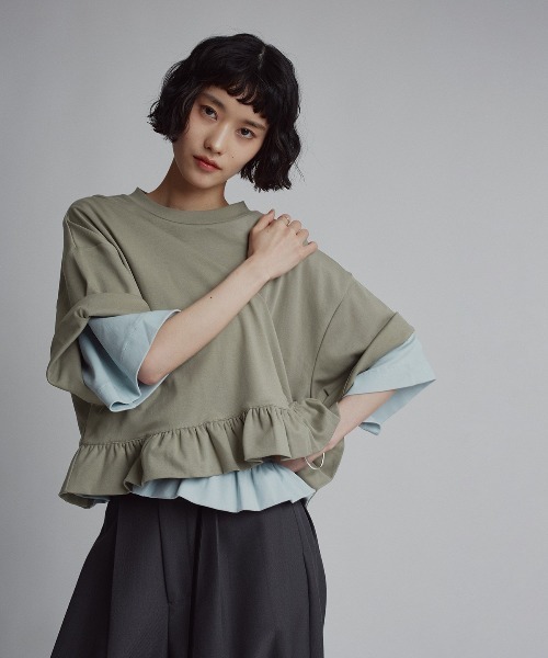 W:Huku(フーク)の「【新色追加】【W:Huku / シルキータッチコットン】ハーフスリーブ フリル ショート Tシャツ / 半袖 ハーフスリーブ / Cotton Half-Sleeve Ruffle T-Shirt(Tシャツ/カットソー・レディース・オフホワイト/ライトブラウン/ブラック/チャコール/グリーン系その他/ブルー・FREE)」の5枚目の写真