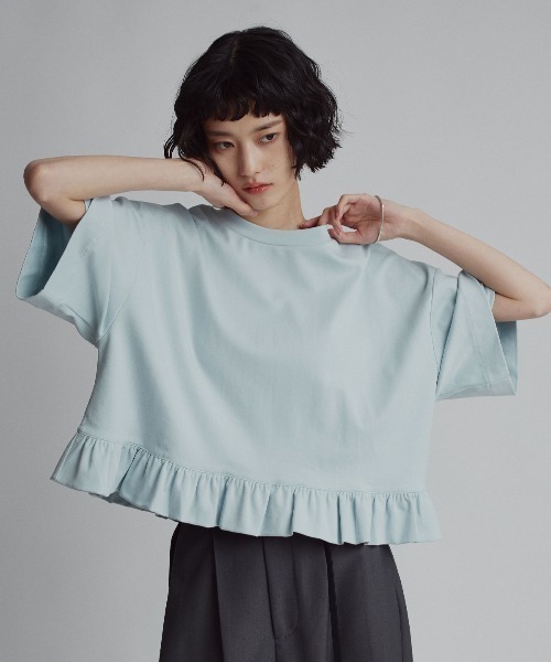 W:Huku(フーク)の「【新色追加】【W:Huku / シルキータッチコットン】ハーフスリーブ フリル ショート Tシャツ / 半袖 ハーフスリーブ / Cotton Half-Sleeve Ruffle T-Shirt(Tシャツ/カットソー・レディース・オフホワイト/ライトブラウン/ブラック/チャコール/グリーン系その他/ブルー・FREE)」の6枚目の写真