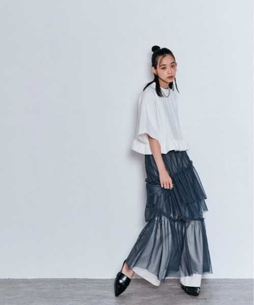 W:Huku（フーク）の「ハーフスリーブ フリルTシャツ（Tシャツ/カットソー・レディース・オフホワイト/ライトブラウン/ブラック/チャコール・FREE）」の6枚目の写真