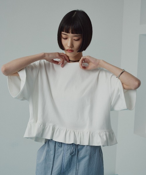W:Huku(フーク)の「【新色追加】【W:Huku / シルキータッチコットン】ハーフスリーブ フリル ショート Tシャツ / 半袖 ハーフスリーブ / Cotton Half-Sleeve Ruffle T-Shirt(Tシャツ/カットソー・レディース・オフホワイト/ライトブラウン/ブラック/チャコール/グリーン系その他/ブルー・FREE)」の9枚目の写真