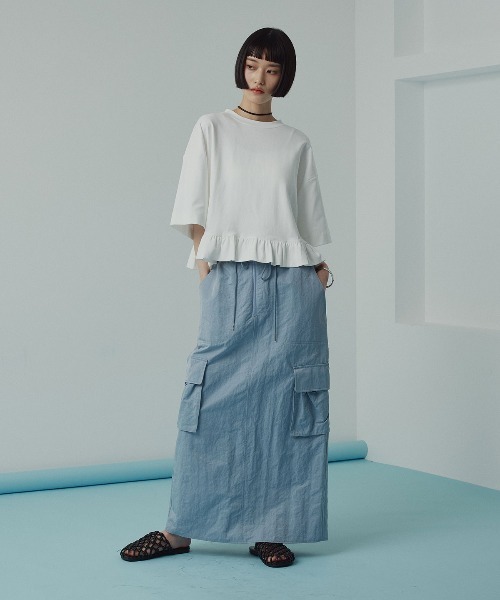 W:Huku(フーク)の「【新色追加】【W:Huku / シルキータッチコットン】ハーフスリーブ フリル ショート Tシャツ / 半袖 ハーフスリーブ / Cotton Half-Sleeve Ruffle T-Shirt(Tシャツ/カットソー・レディース・オフホワイト/ライトブラウン/ブラック/チャコール/グリーン系その他/ブルー・FREE)」の12枚目の写真