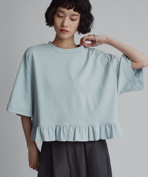 W:Huku(フーク)の「【新色追加】【W:Huku / シルキータッチコットン】ハーフスリーブ フリル ショート Tシャツ / 半袖 ハーフスリーブ / Cotton Half-Sleeve Ruffle T-Shirt(Tシャツ/カットソー・レディース・オフホワイト/ライトブラウン/ブラック/チャコール/グリーン系その他/ブルー・FREE)」の13枚目の写真
