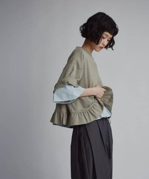 W:Huku(フーク)の「【新色追加】【W:Huku / シルキータッチコットン】ハーフスリーブ フリル ショート Tシャツ / 半袖 ハーフスリーブ / Cotton Half-Sleeve Ruffle T-Shirt(Tシャツ/カットソー・レディース・オフホワイト/ライトブラウン/ブラック/チャコール/グリーン系その他/ブルー・FREE)」の19枚目の写真
